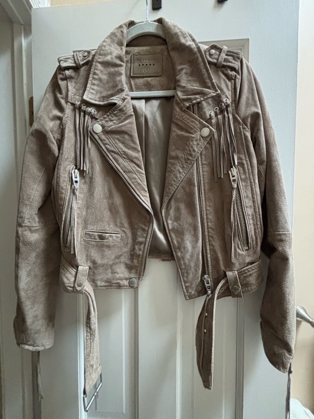 BLANKNYC Leather Suede Fringe Moto Jacket - French Taupe
